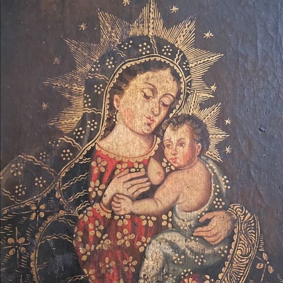 17th Century Cusco Madonna and Child Nursing Mixed-Media Painting, Framed - Picture 2 of 3